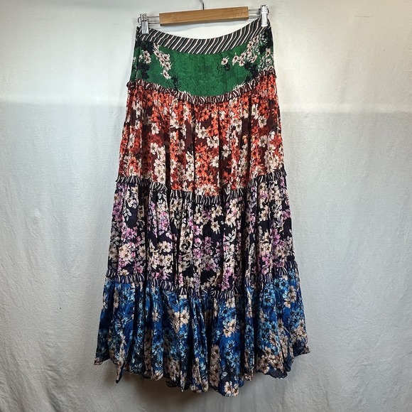 Anthropologie Bhanuni by Jyoti Colorful Tiered Floral Maxi Skirt SZ 2 Boho Silky - Picture 3 of 12